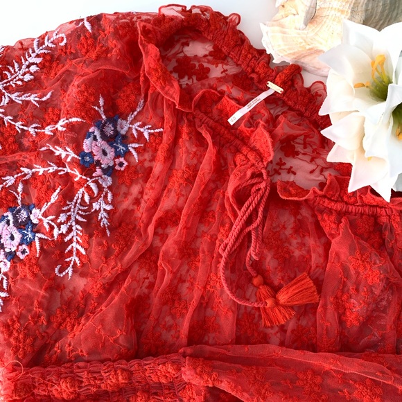 SOLD Free People Embroidered Red Sheer Race Blouse - Picture 2 of 8